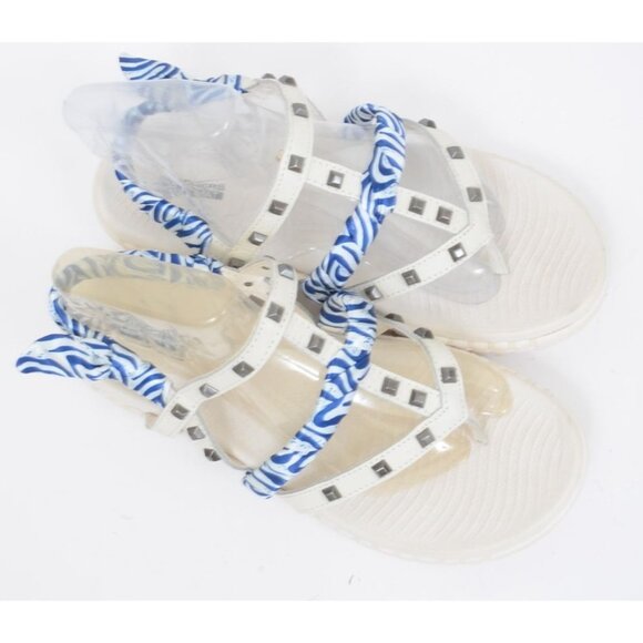 Skechers Goga Mat Leather White Blue Studded Strappy Sandals Beachy Women's 8 - Picture 4 of 10